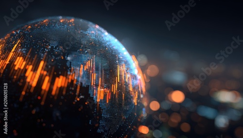 Illuminated globe with glowing digital grid and city lights bokeh background
