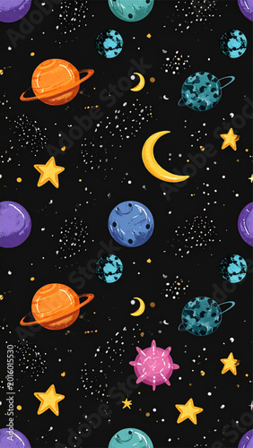 Seamless Space Pattern with Colorful Cartoon Planets, Stars, and Crescent Moons