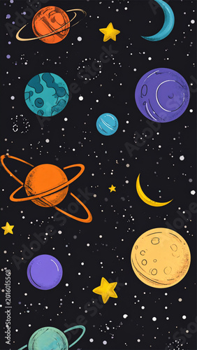 Hand-Drawn Outer Space Seamless Pattern with Cartoon Planets and Stars