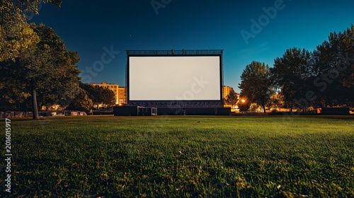 Large blank white screen for outdoor movie night in a green park at twilight, cinema background with copy space.