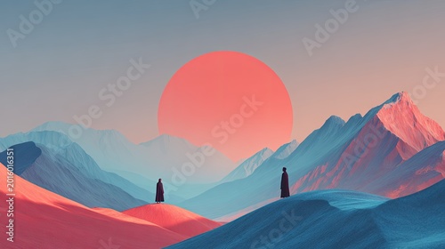 Surreal Mountain Landscape with Two Figures and a Large Sun.