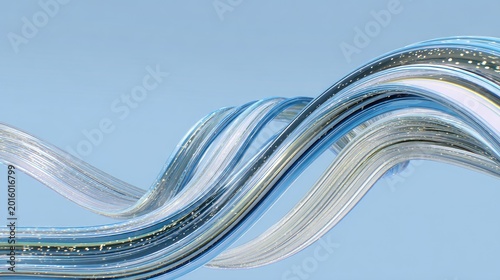 Swirling, translucent ribbons with sparkling gold flecks on pale blue background