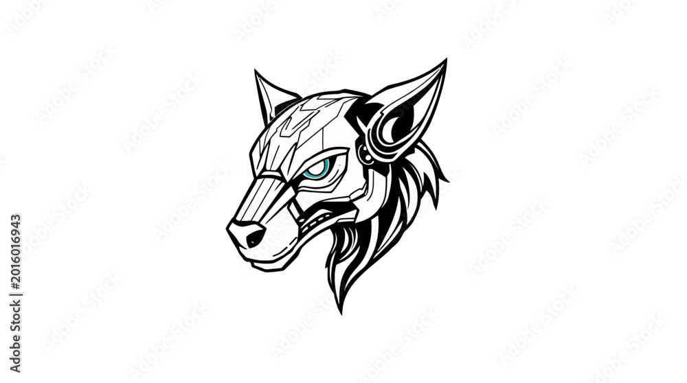 Fototapeta premium Wolf Head with Mechanical Geometric Design on White Background