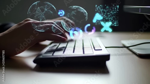 Hand typing on computer keyboard with glowing symbols.