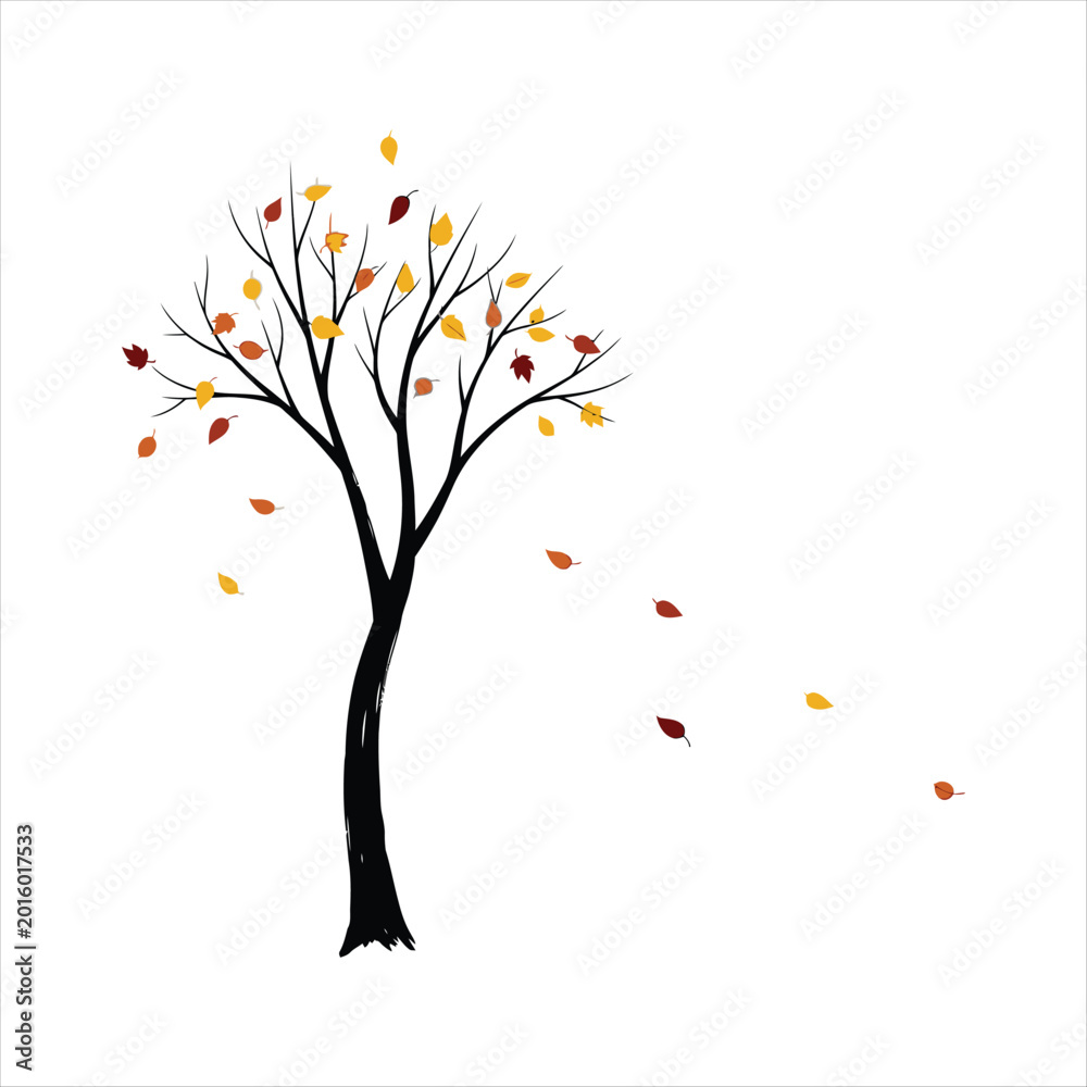 Naklejka premium Autumn tree with colorful leaves falling in the wind