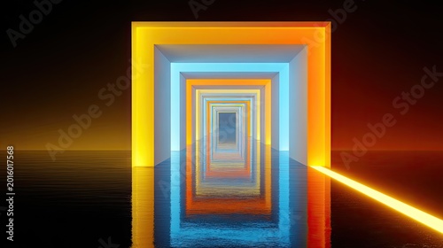 Infinite glowing geometric tunnel receding into a dark abyss