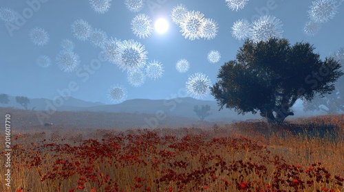 Ethereal field of red flowers under a sky filled with floating white seed-like orbs