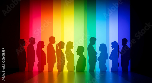 Silhouettes of diverse people against a vibrant rainbow gradient, representing unity, diversity, and inclusivity, symbolizing a bright future and collective spirit