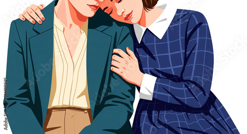 Stylized illustration of two people embracing, conveying support and intimacy, symbolizing connection, comfort, and care.