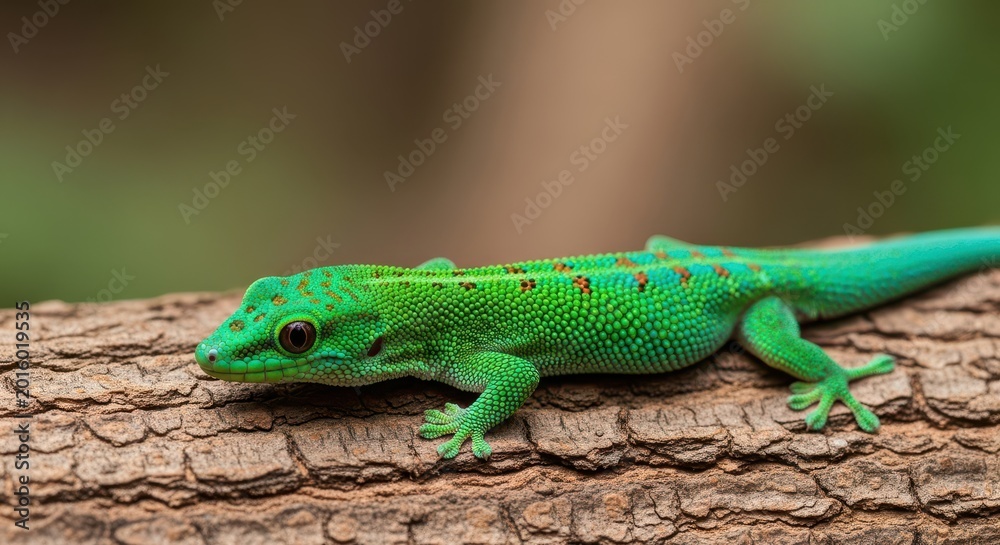 Fototapeta premium A vibrant, small reptile, known for its sticky feet, rests calmly on rough, brown tree bark in a humid, natural forest environment, climbing, bark, tree