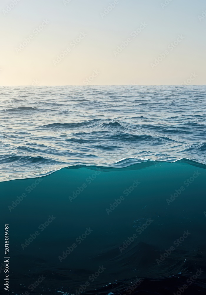 Fototapeta premium Abstract visualization depicting the oceanic water column changing drastically over the continental slope, illustrating depth and density differences, diagram, layer, seabed