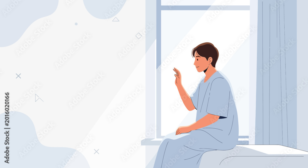 Fototapeta premium Young Man in Hospital Gown Texting on Phone by Sunny Window