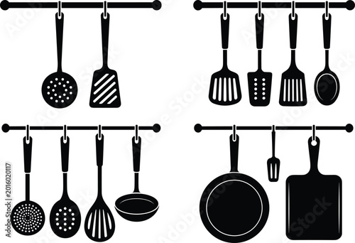 Tableau sur toile Black silhouette illustrations of kitchen utensils in varied hanging arrangement
