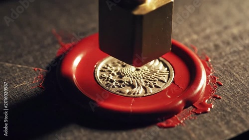 Golden seal stamp pressing into red wax seal on dark textured paper, creating official imprint, symbol of authenticity and approval