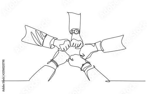 Fotografie One continuous line drawing group of young male and female business people unite their hands together to form a five star