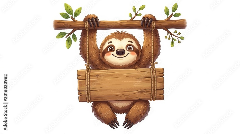 Fototapeta premium Cute sloth hanging with blank wooden sign isolated illustration for children's designs