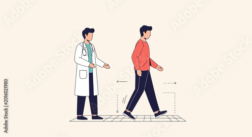Doctor observing patient walking on a mat for gait analysis, medical checkup