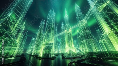 Futuristic Cityscape with Neon Lights and Glass Buildings
