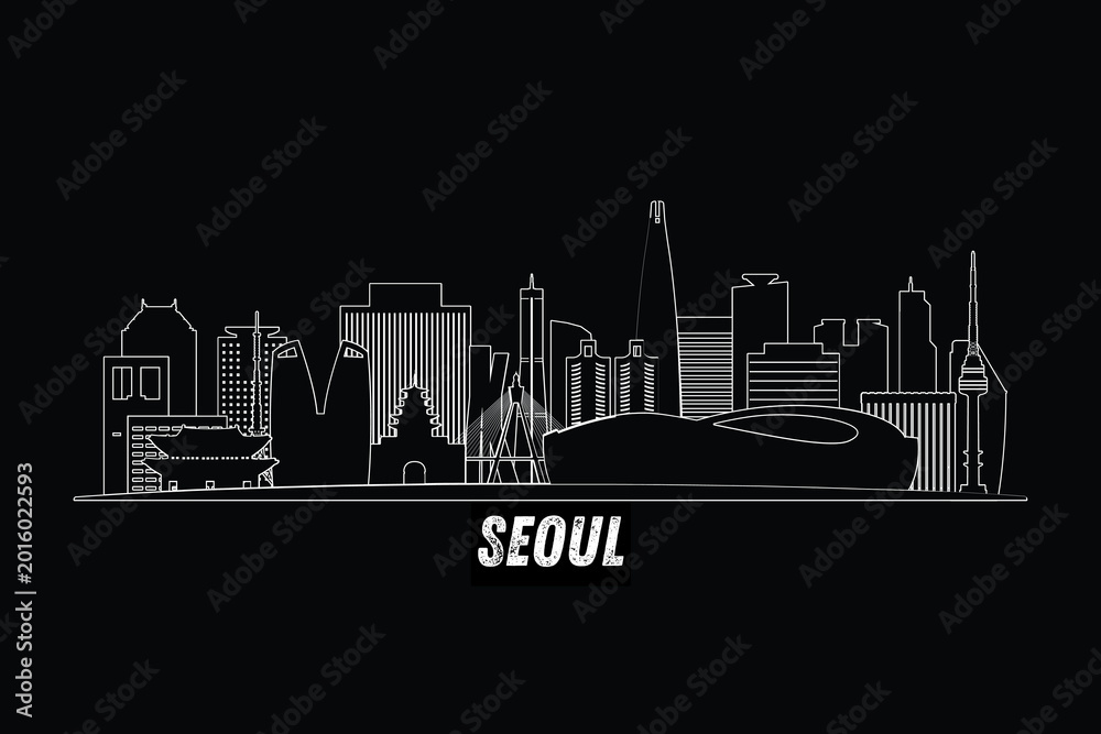 Fototapeta premium Minimal Seoul, South Korea skyline line art with iconic landmarks and modern architecture isolated on black background illustration.