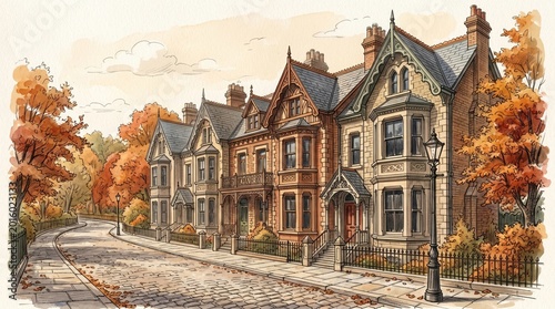 Historic Victorian Residential Street with Cobblestone Road and Autumn Trees