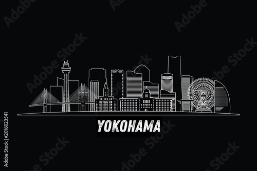 Foto Minimal Yokohama, Japan skyline line art with iconic landmarks and modern architecture isolated on black background illustration