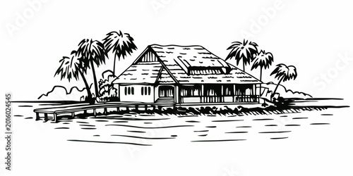 Quadro su tela tropical beach house illustration black and white sketch style