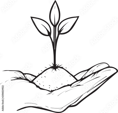 Minimalist hand holding a seedling line art for World Environment Day.