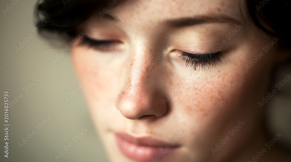 Fototapeta premium Macro shot of young woman face with beautiful freckles across nose and cheeks with eyes closed in a peaceful expression for natural beauty and skincare treatment concept