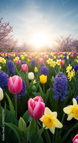 Vibrant Spring Meadow - A Colorful Display of Blooming Flowers Under Sunlight.