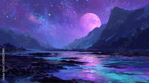 Enchanting Cosmic Landscape with a Giant Moon Over a Reflective River.