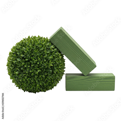 Green topiary ball and wooden blocks isolated on transparent background