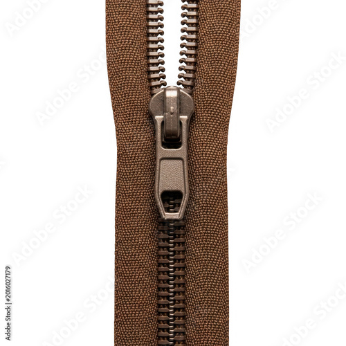 Close up of brown metal clothing zipper isolated on transparent background