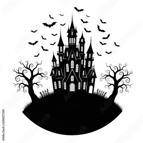 Spooky haunted castle silhouette with bats isolated on transparent background