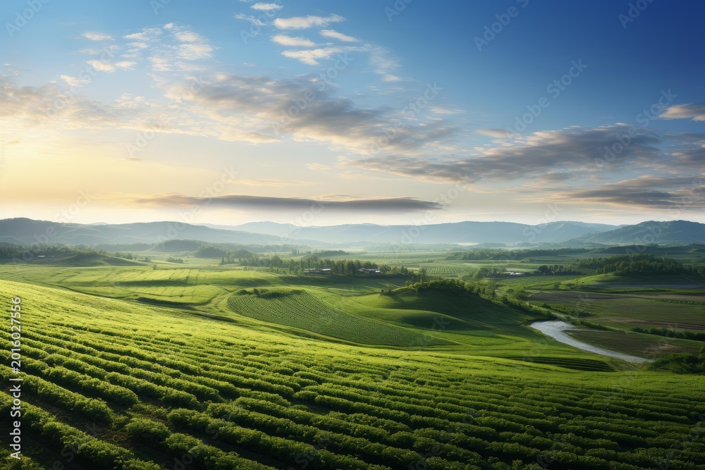 Fototapeta premium Agricultural landscape with fertile green fields and a winding river at golden hour