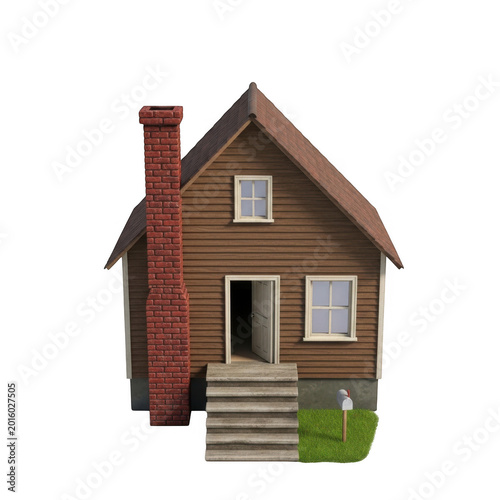 Small wooden house with red brick chimney isolated on transparent background