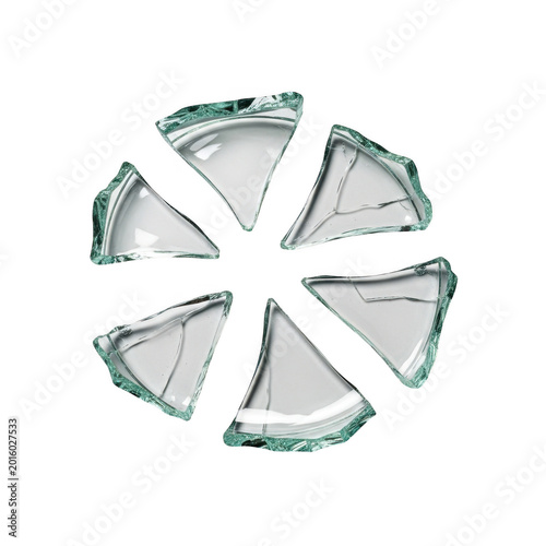 Six sharp fragments of broken glass arranged around isolated on transparent background