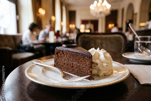 Slice of Austrian Sacher Torte Cake with Apricot Jam