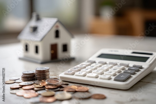 Miniature house, coins, and calculator on a tabletop for finances