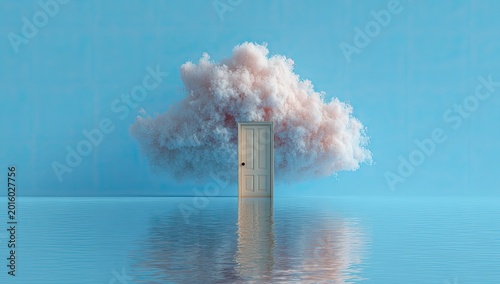 A surreal scene with an open door in a pink cloud over reflective water