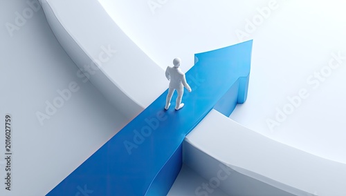 White figure stands on blue arrow, pointing upwards, on a white surface