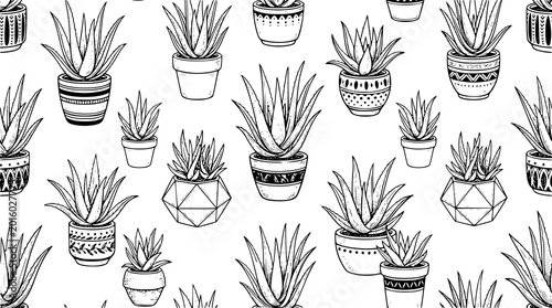 Foto Modern seamless aloe vera sketch pattern with potted succulent doodle vector bac