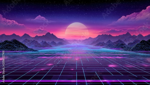 Neon grid landscape under a retro sunset and starry sky