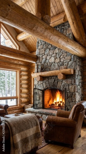 Cozy log cabin interior with stone fireplace and roaring fire
