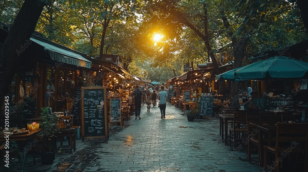 Fototapeta premium Charming Outdoor Restaurant Street at Golden Hour