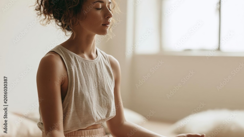 Naklejka premium Young woman sitting on a bed with her eyes closed and her hands resting on her knees. she is wearing a beige tank top and pink pants.