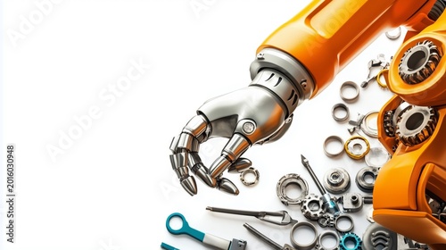 Robotic arm with metallic hand and scattered mechanical parts, industrial automation concept isolated on white. Copy space