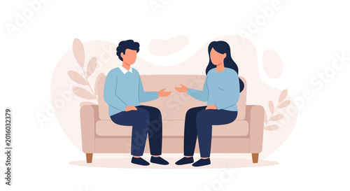 Diverse couple talking on a neutral sofa, mental health conversation, relationship counseling.