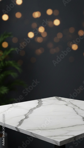 White marble table surface with grey veining, set against a dark background with soft, out-of-focus golden lights, suggesting a festive or elegant atmosphere.