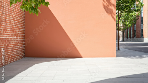 Urban alley with light and shadow, peach wall and brick building in quiet street scene