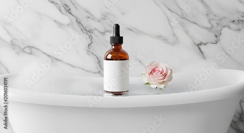 Serum bottle and rose on a white bathtub, spa concept.